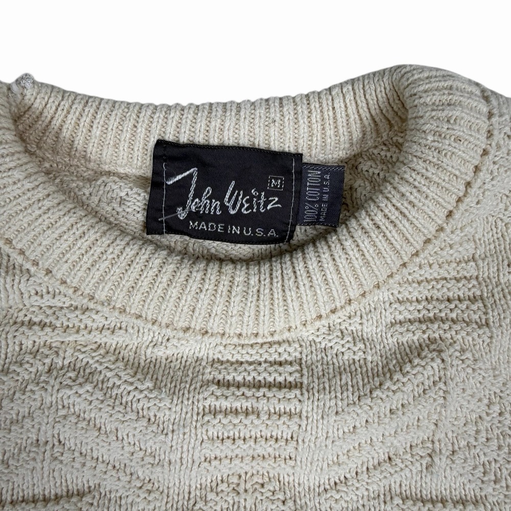 Vtg 80s 90s Textured Sweater Sz Med Cream‎ White Made In USA Geometric Grandpa - Picture 2 of 6